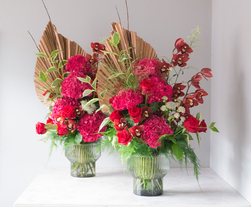 Thumbnail: 'Ruby Red' hydrangea,  'Valerie' cymbidium, 'Naomi' rose gift vase by Jacqui O