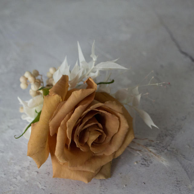 'Toffee' rose and dried ruscus buttonhole