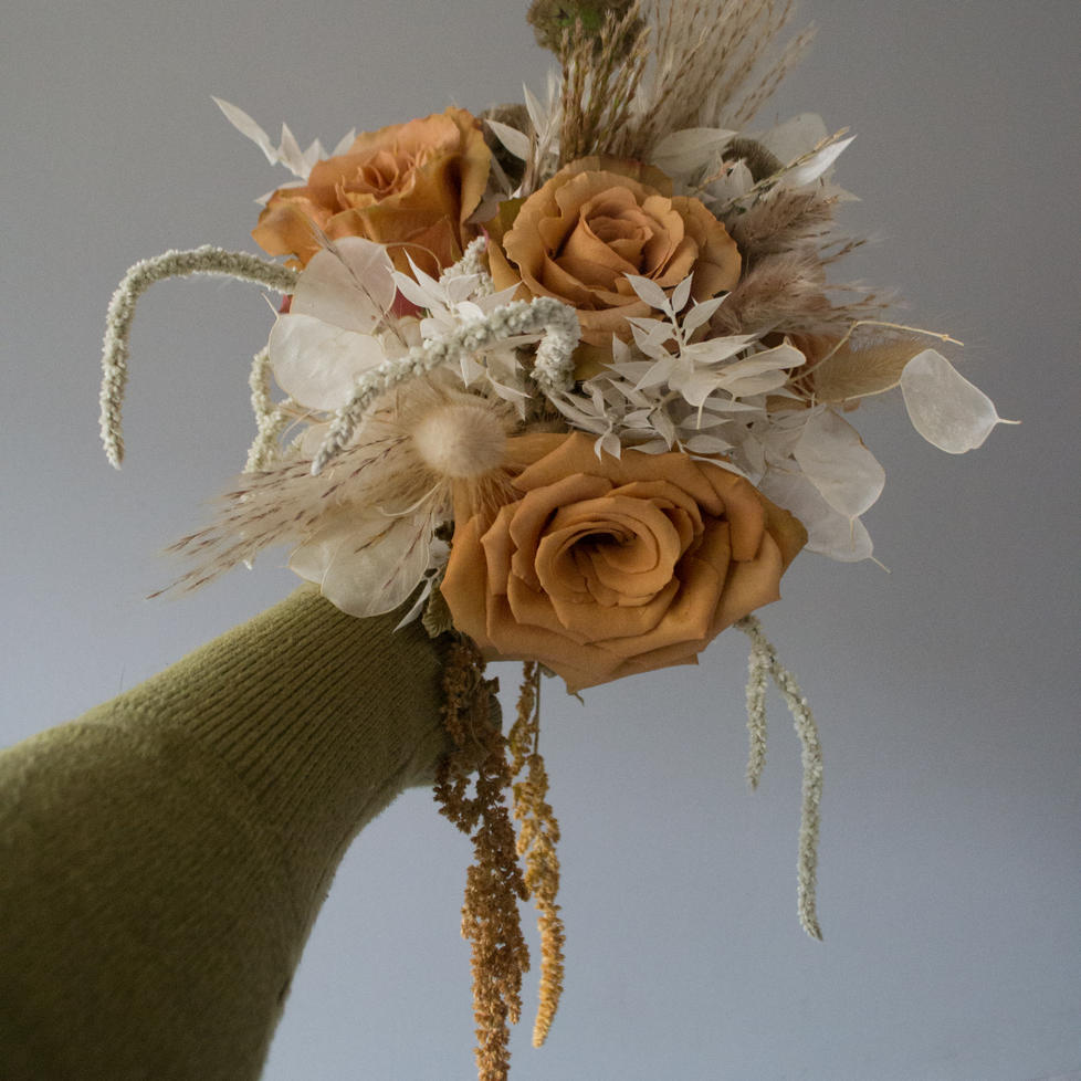 'toffee' rose and ruscus dried flower girl bouquet