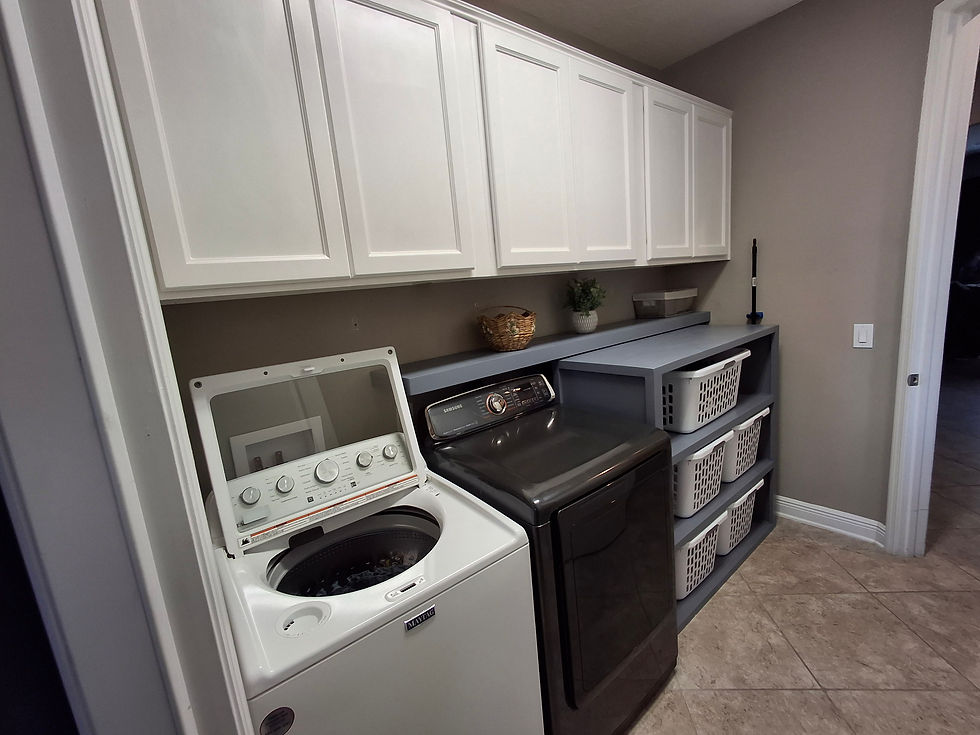 Laundry room after remodel, custom white upper cabinets and built-in shelf with laundry baskets