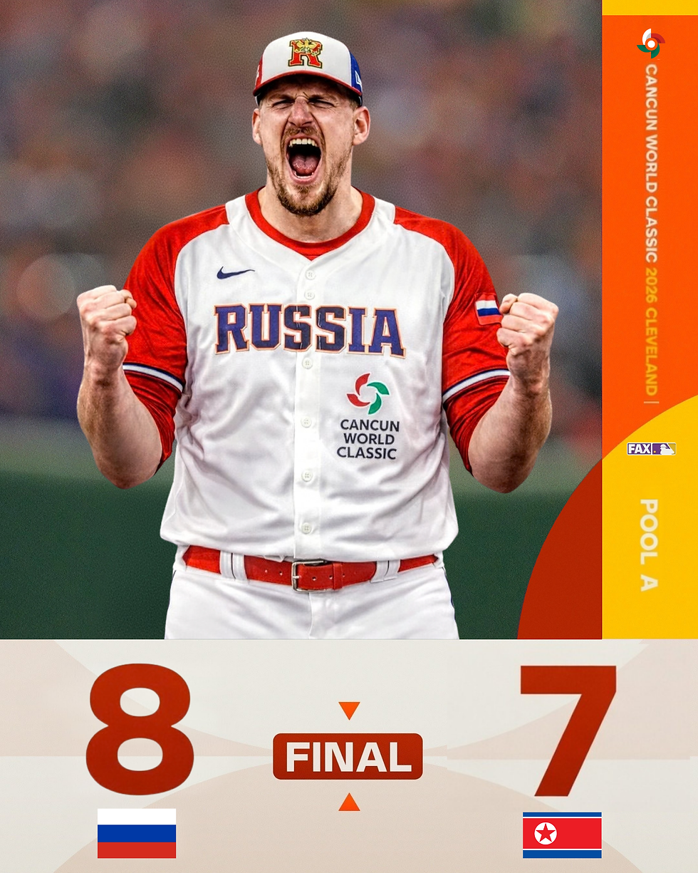 Baseball player Nikola Jokic in Russia jersey celebrates with a fist pump. Scoreboard shows Russia 8, opponent 7, "CANCUN WORLD CLASSIC 2026" text. Cancun World Classic and FAX Sports logos visible.
