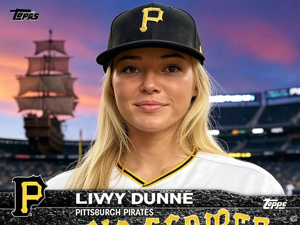 Livvy Dunne in Pittsburgh Pirates uniform and cap smiles with a stadium backdrop at sunset. Text: "LIWY DUNNE, PITTSBURGH PIRATES," "Topps."