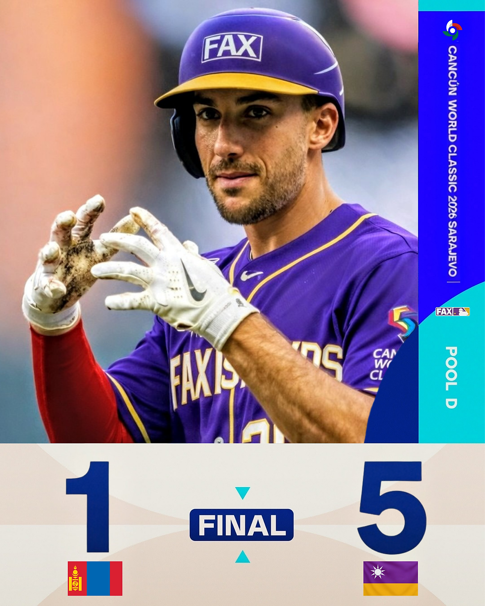 Baseball player Marc Olsen in purple Fax Islands jersey and helmet with "FAX" logo stands ready. Scoreboard shows 1-5, with "FINAL" and country flags. Mood is focused. Cancun World Classic and FAX Sports logos visible.