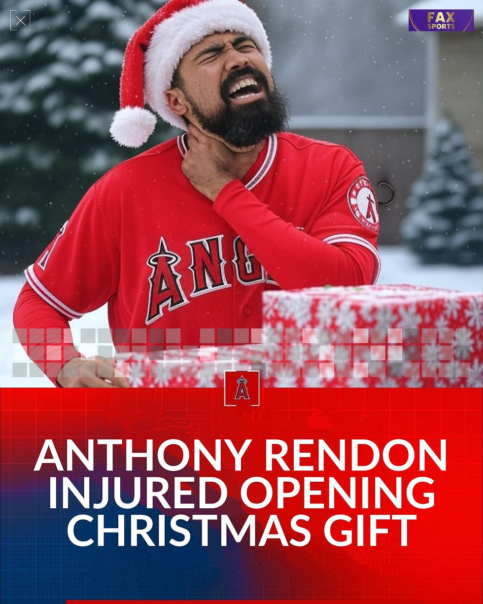 Anthony Rendon in an Angels baseball jersey and Santa hat clutches neck, grimacing in a snowy setting. Text: "Injured Opening Christmas Gift." FAX Sports logo.