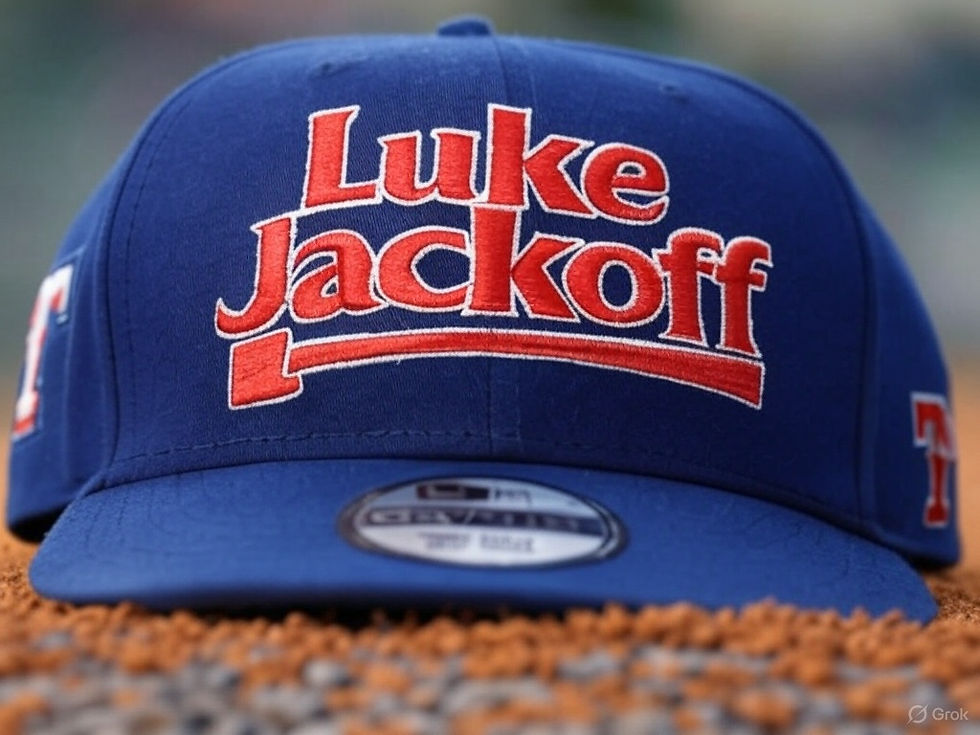 Blue baseball cap on brown field, features bold red and white text "Luke Jackoff." Background blurred with hints of green and gray.