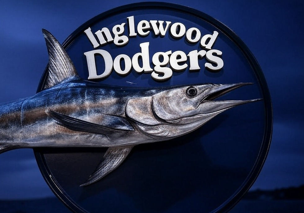 Marlins logo sign with text "Inglewood Dodgers" on a dark blue background. The marlin appears metallic with detailed fins and open mouth.