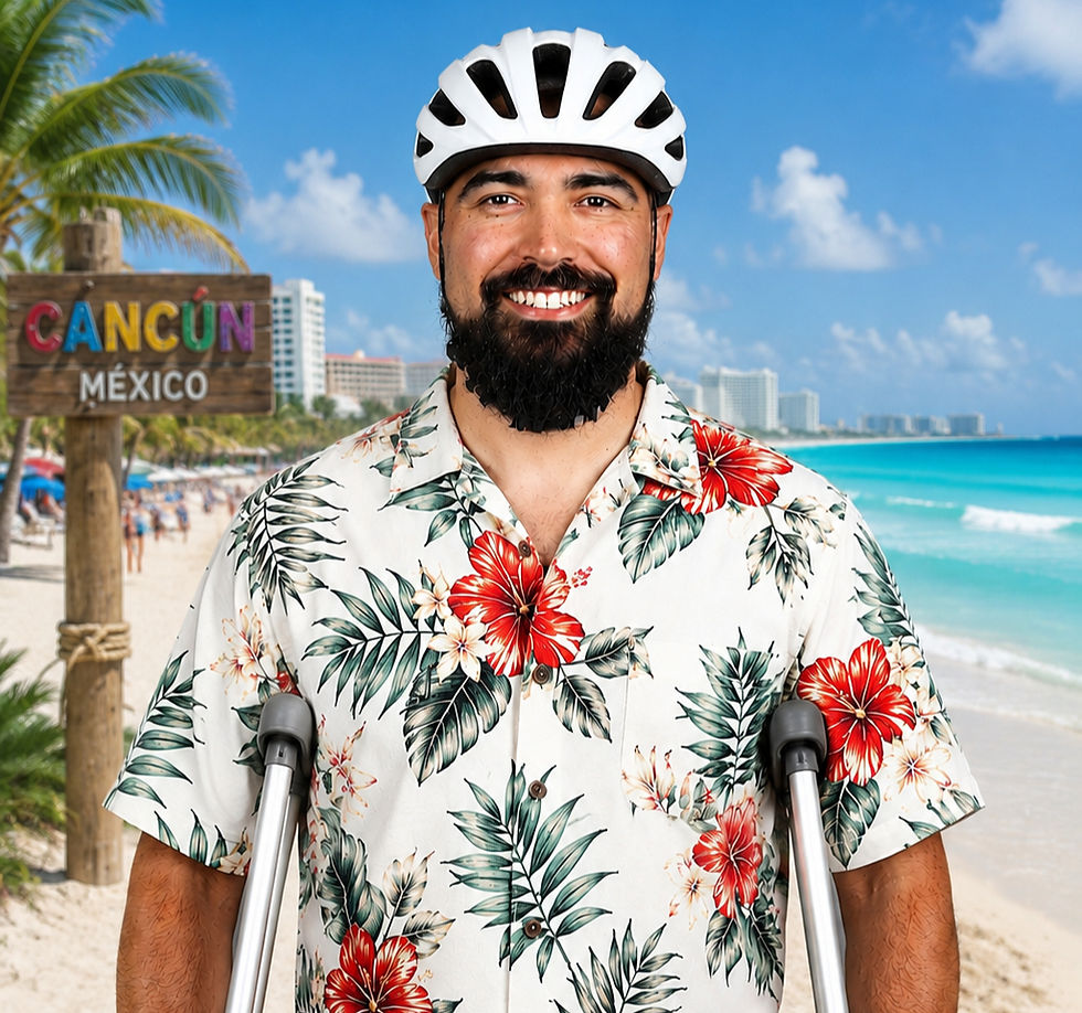 Los Angeles Angels baseball player Anthony Rendon smiles while wearing a bicycle helmet and floral shirt on crutches at Cancun beach sign, with turquoise sea and palm trees.