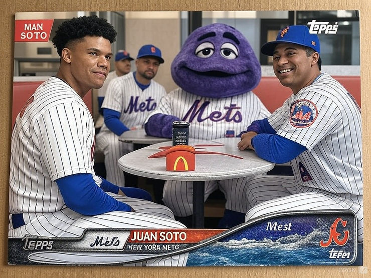Juan Soto sits with baseball players in Mets uniforms, smiling around a table with Grimace the purple McDonald's mascot. McDonald's arches on table. Casual restaurant setting. Topps baseball card.