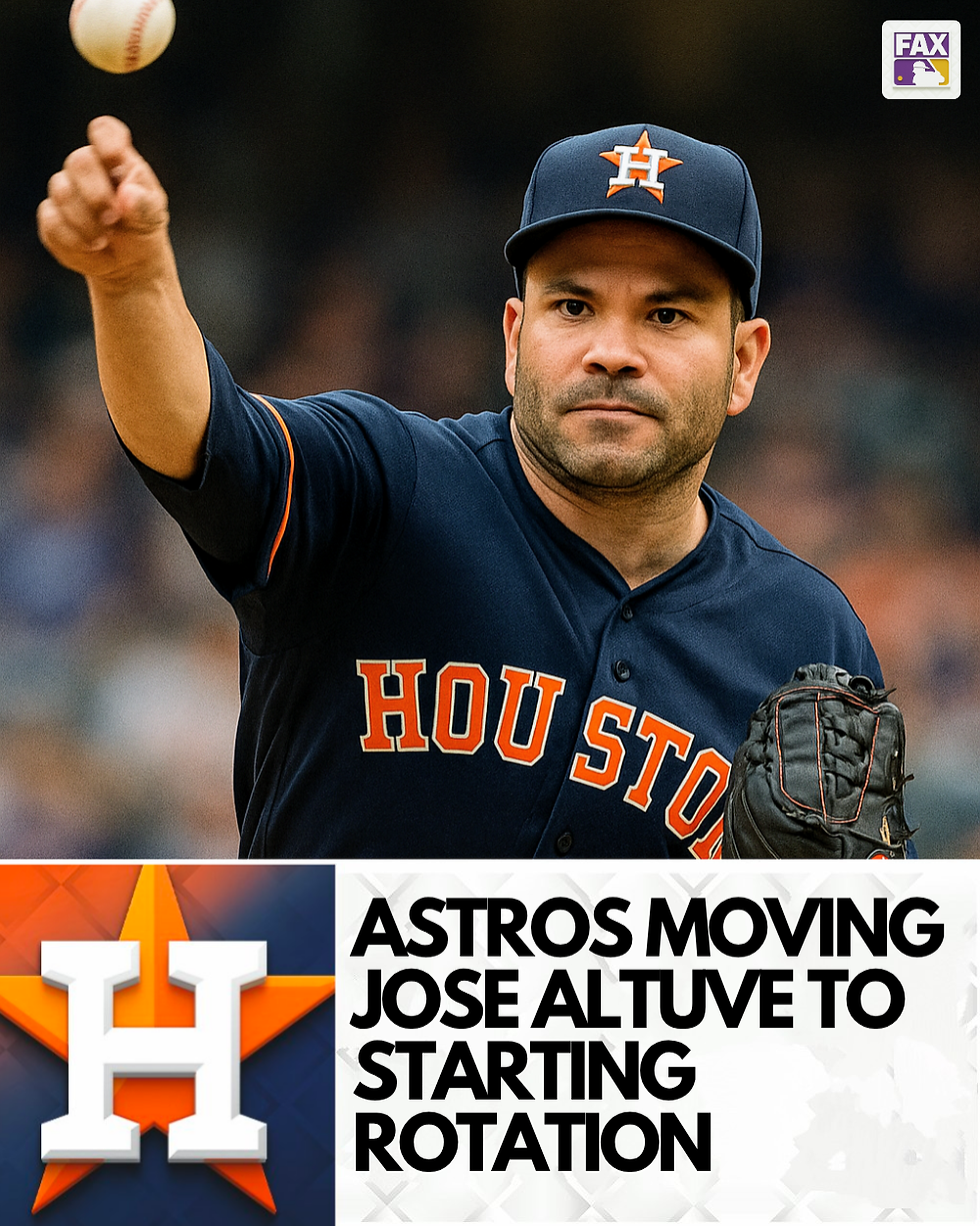 Baseball player Jose Altuve in a Houston Astros cap throws a ball. Text reads "Astros Moving Jose Altuve to Starting Rotation." Background is blurred. Houston Astros and FAX Sports logos visible.