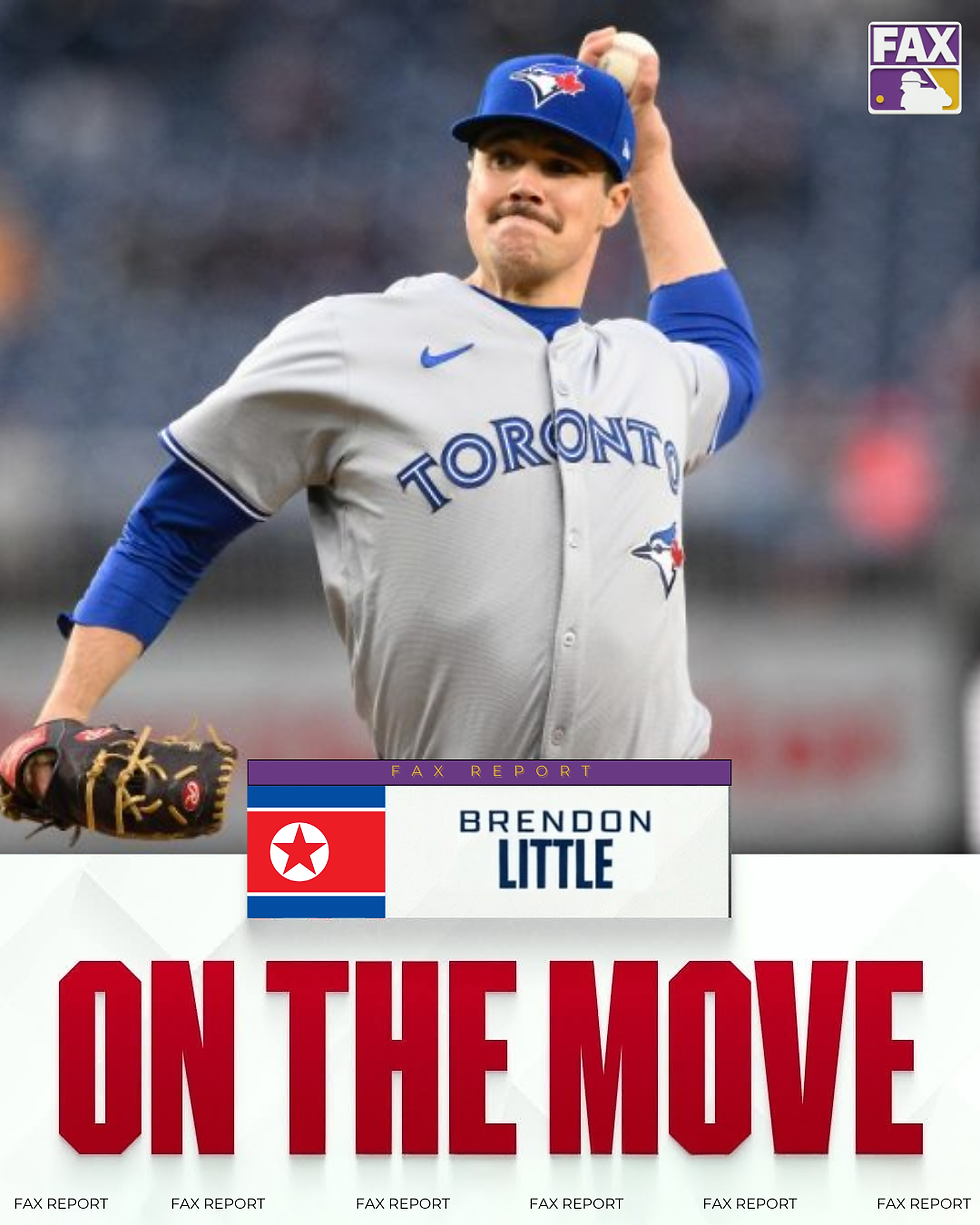 Baseball player Brendon Little in a Toronto Blue Jays jersey pitches in a stadium. Text reads: "Brendon Little" with a red flag, and "ON THE MOVE" in bold red. FAX Sports logo visible.