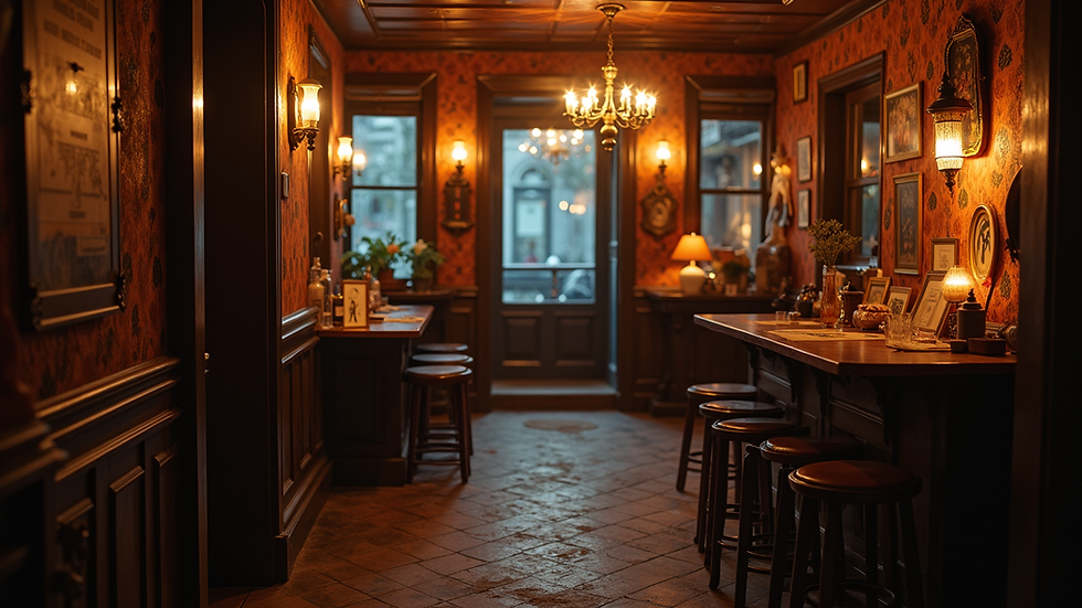 Eye-level view of a cozy fortune-telling bar with mystical decor