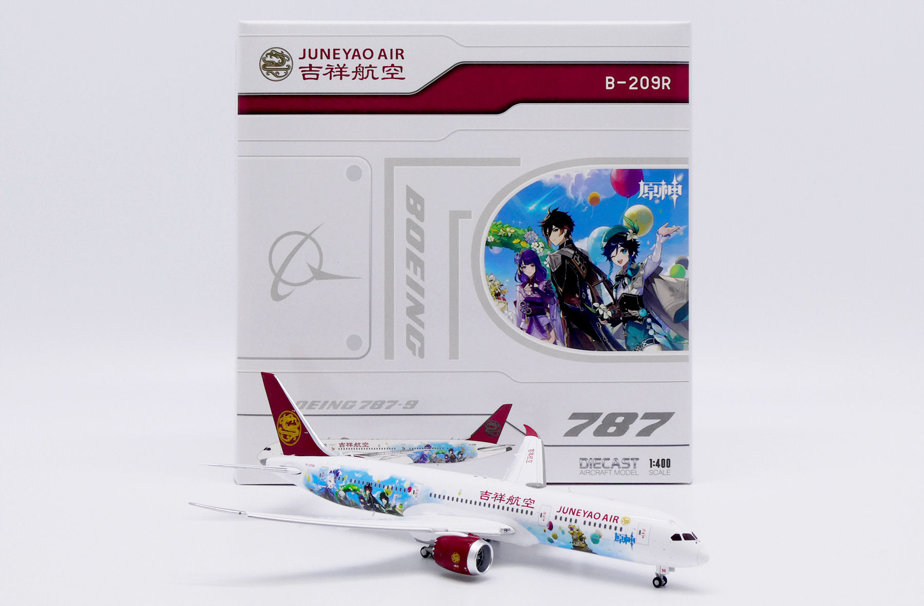 "Flaps Down" Juneyao B787-9 Reg: B-209R "Genshin Impact" 1:400 Diecast XX40222A