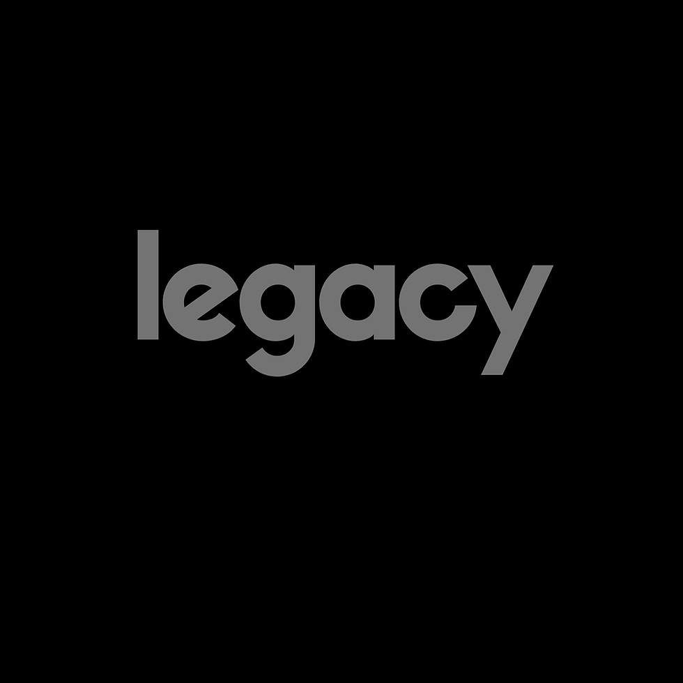Legacy logo in grey text on a black background