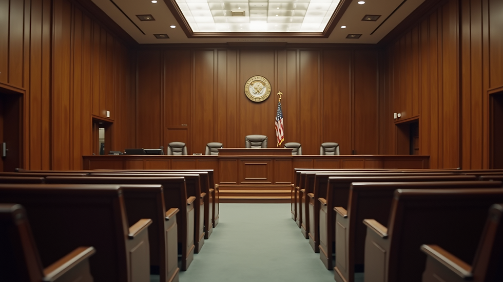 Eye-level view of a courtroom with empty seats and a judge’s bench