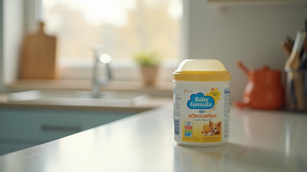 Close-up view of baby formula container on a kitchen counter