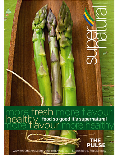 Poster featuring organic asparagus, for "Supernatural" supermarkets
