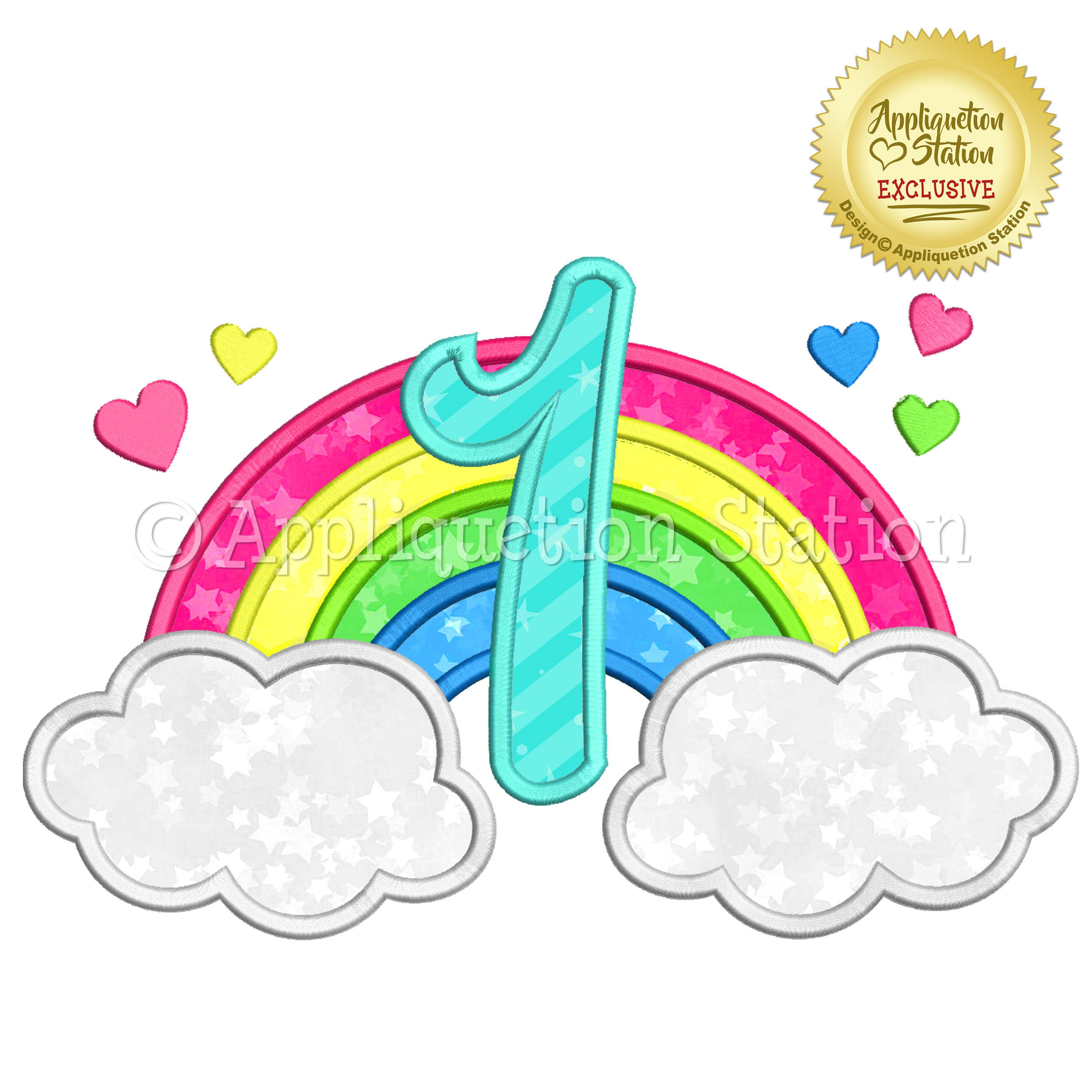 Rainbow number 1 with hearts baby birthday machine applique embroidery design