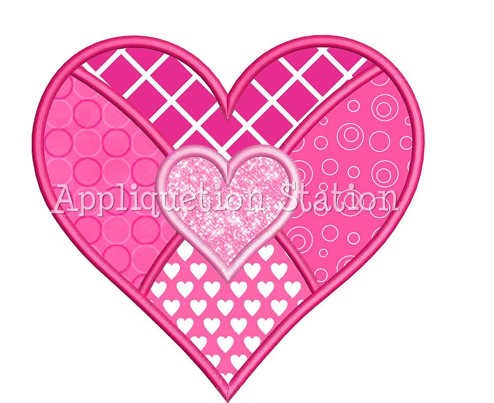 An applique embroidery design of a  double patchwork heart made of 5 different fabrics embroidery design with satin stitch