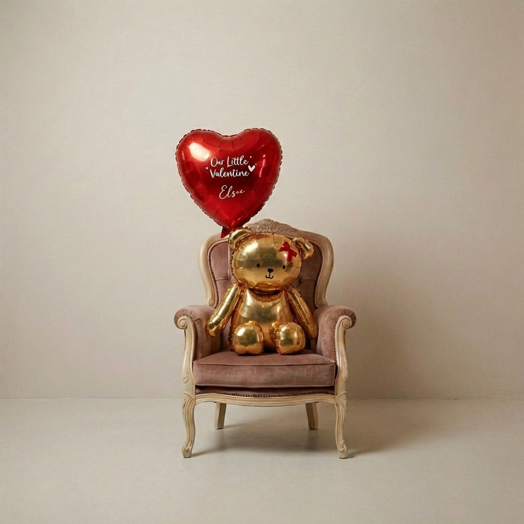 Gold Teddy and Heart Valentine's Balloon