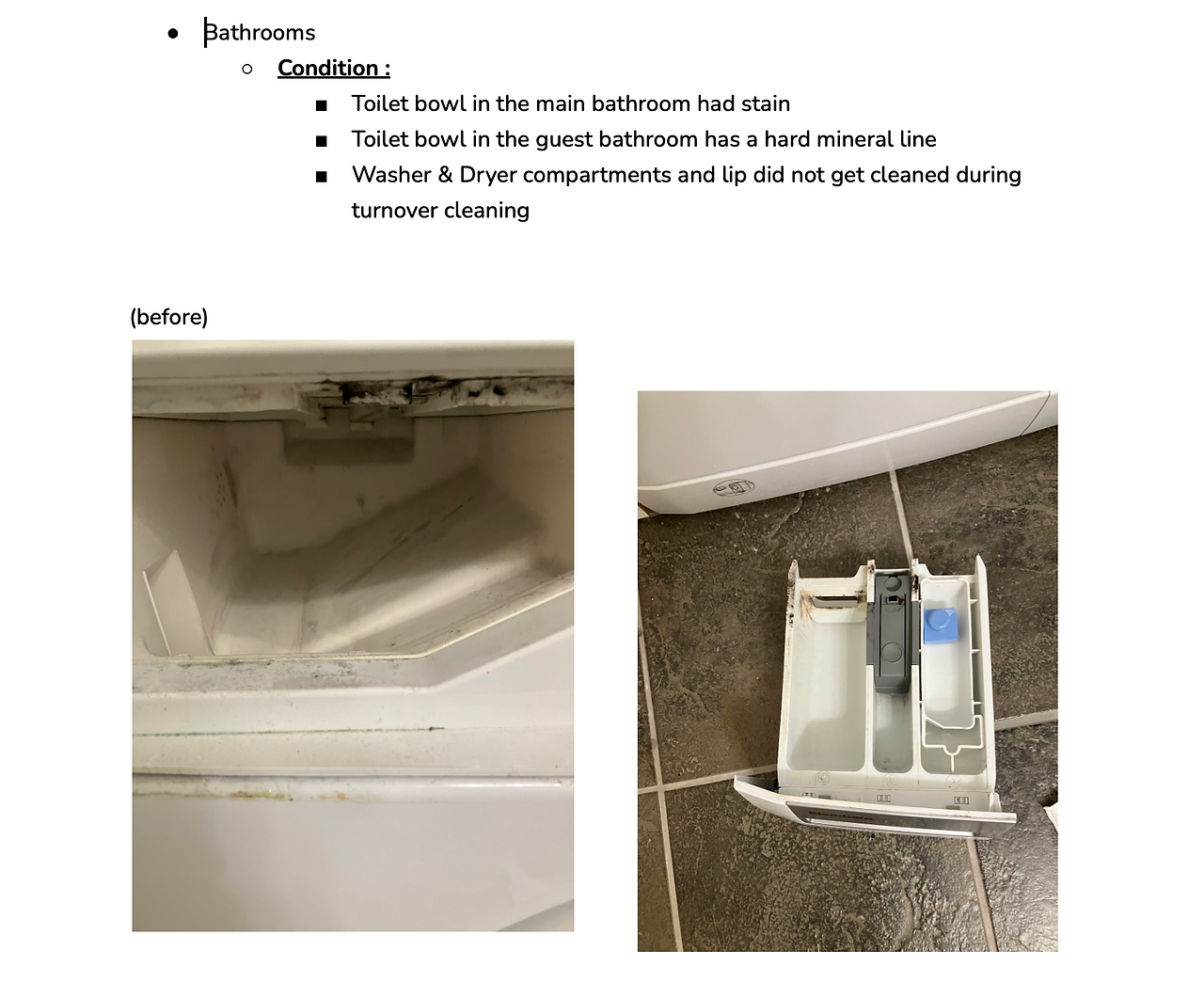 A screenshot of our move-in cleaning report where we found that the washer detergent compartment was moldy and that we were to clean it 