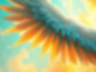 a span of feathers from a large wing against a turquoise, tangerine, and yellow ethereal b