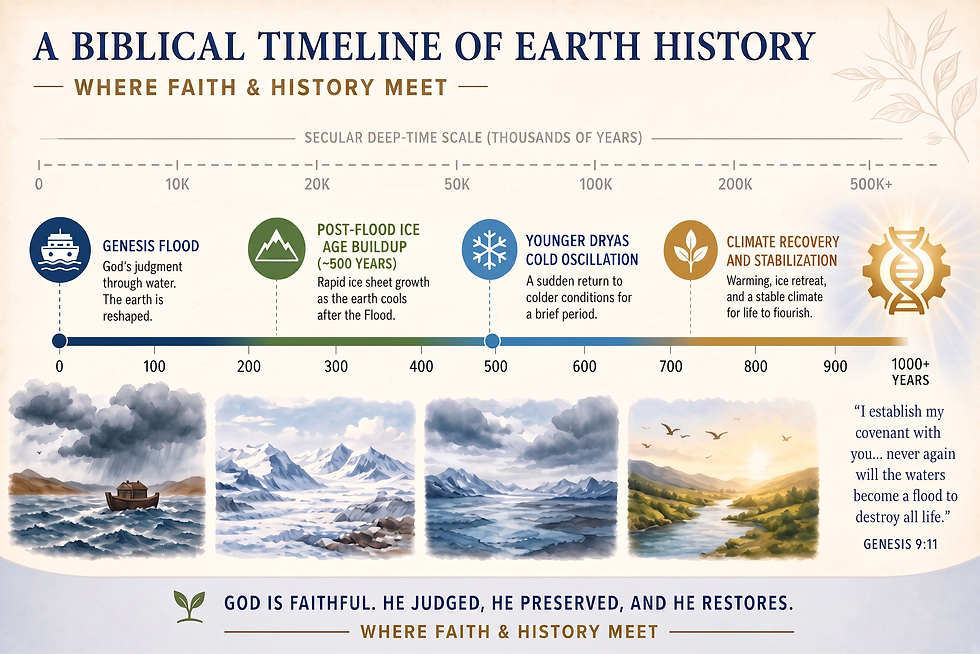 A biblical timeline places the single post-Flood Ice Age and its Younger Dryas oscillation within a few centuries after the Flood, in contrast to secular deep-time scales.