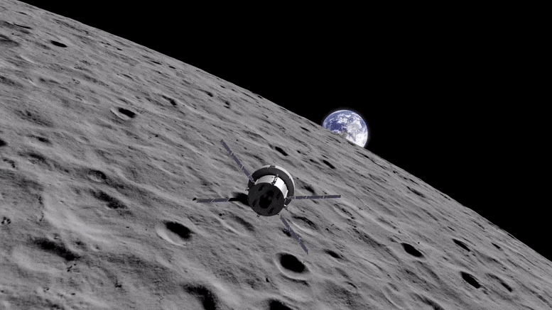 Artist’s illustration of Orion Artemis II flying around the Moon. (SciTechDaily)