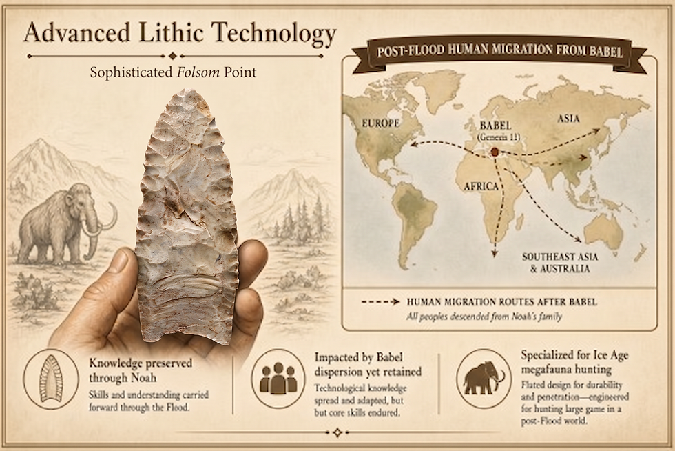 The sophisticated Clovis fluted point represents advanced lithic technology that survived the Flood through Noah’s family, was carried through the Babel dispersion, and persisted until late Ice Age stresses disrupted specialized cultures.