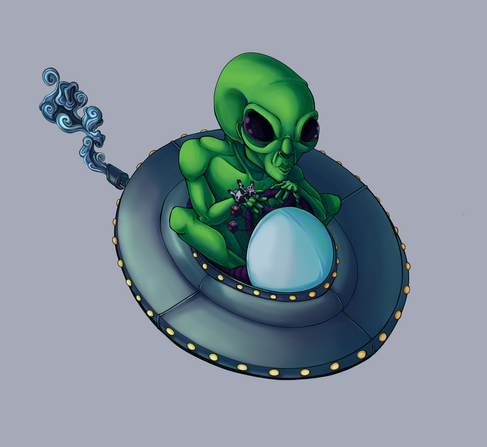 Green alien driving an undersized UFO