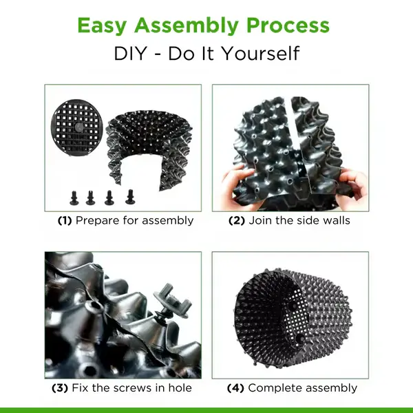 Thumbnail: Step-by-step visual guide showing how to assemble the RightPot air pruning planter, including connecting the base, side wall, and locking parts