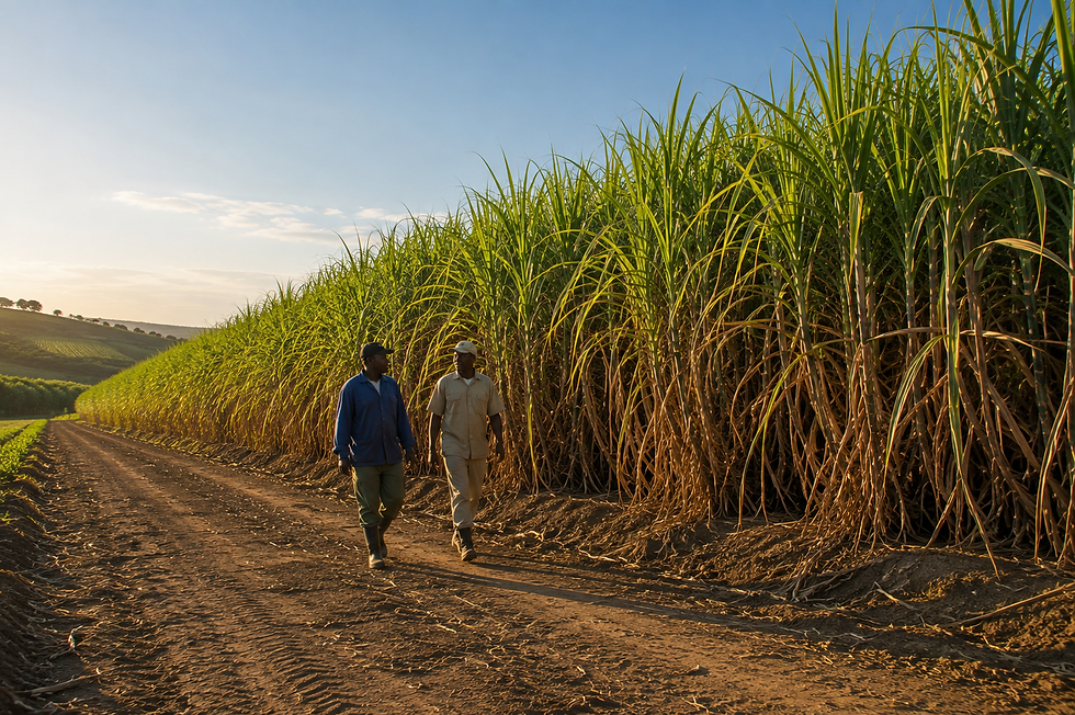 2 men walking alongside sugar cane in field