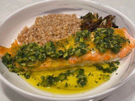 Roasted Citrus Salmon with Green Olive Salsa Verde