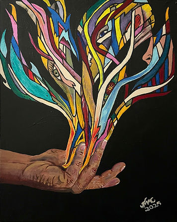 Manifestation – Surrealist painting with abstract face emerging from flowing colorful forms by JMac Art Studio