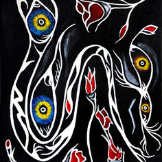 “Surreal painting featuring intertwined symbolic figures and organic forms that visualize emotional tension, uncertainty, and the psychological experience of anxiety.”