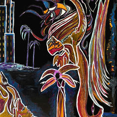“Surreal painting depicting symbolic forms emerging from darkness into light, representing transformation, growth, and self-discovery through vivid color and layered imagery.”
