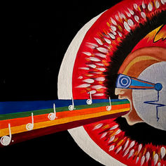 “Surreal painting of a symbolic figure with covered eyes projecting a rainbow of light and musical notes, representing creative energy, awakening, love, and expression through the heart.”