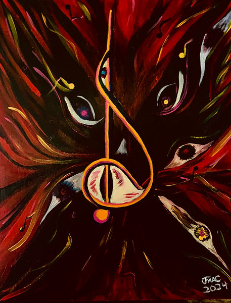 Treble In The Dark – view from behind a treble clef with emerging eyes and forms moving forward, by JMac Art Studio