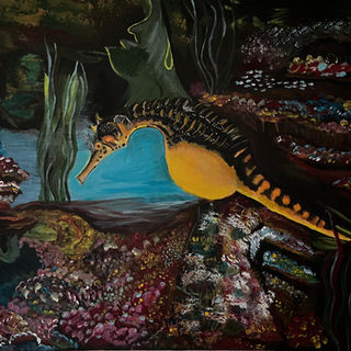 A brightly colored seahorse floats within an underwater cave surrounded by coral formations, sea plants, and textured rock walls. Shades of turquoise, gold, orange, pink, and deep burgundy create a vibrant marine environment illuminated by a glowing blue opening in the background. The seahorse, with its golden belly and dark spined back, serves as the focal point of the acrylic painting, evoking a sense of mystery, patience, and new life within a hidden ocean realm.