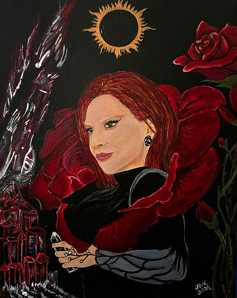 Lady Gaga Portrait – original painting featuring stylized roses and symbolic elements, by JMac Art Studio