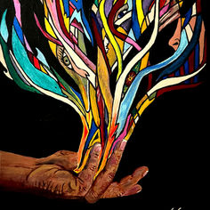 “Surreal painting of an outstretched hand releasing vibrant streams of color filled with hidden faces, eyes, and symbolic forms, representing manifestation, creativity, and the transformation of ideas into reality.”