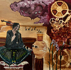 “Surreal painting of a seated female figure with a microphone, butterfly-like garment, violin, watchful eyes, flowers, and gears, symbolizing creativity, transformation, self-awareness, and artistic expression.”
