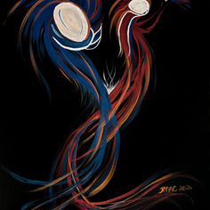 “Surreal acrylic painting depicting two connected figures exchanging energy in a heart-shaped composition, exploring intimacy, vulnerability, and transformation.”