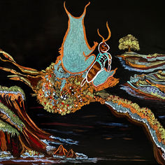 The Wanderers by J-Mac, a surreal painting featuring two fantastical figures amid twisting, textured forms against a dark background.