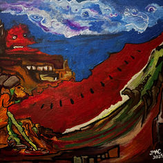 “Surreal watermelon landscape featuring hidden faces, symbolic forms, and vivid colors that blend reality and imagination.”