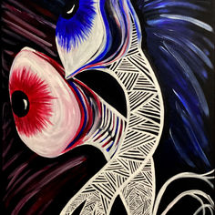 “Surreal painting of travelers moving through a symbolic landscape of red and blue pathways representing spiritual balance, personal growth, and harmony.”
