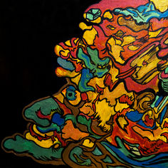 Polychromatic, an original abstract surrealist painting by J-Mac featuring vivid organic forms, bold black contours, and brilliant colors against a deep black background.