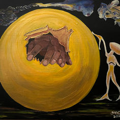 “Surreal painting of a hand emerging through a golden sphere surrounded by symbolic forms, representing personal transformation, growth, and the emergence of hidden potential into reality.”