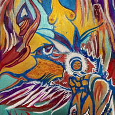 “Surreal painting featuring symbolic figures and transformative forms representing the conversion of pain, adversity, and negative experiences into creativity, growth, and artistic expression.”