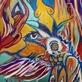 Abstract surreal painting with symbolic forms and vivid color, original artwork by JMac Art Studio
