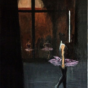 Figurative dance painting capturing a backstage moment with movement and emotion, original artwork by JMac Art Studio